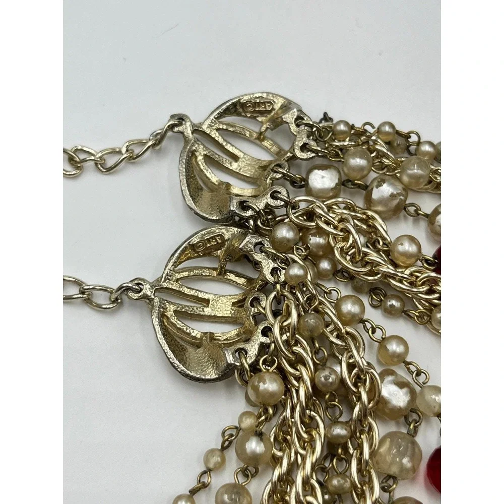 Arthur Pepper ART VintageGold‎ Pearl Red Glass 9 Multi-Strand Statement Necklace